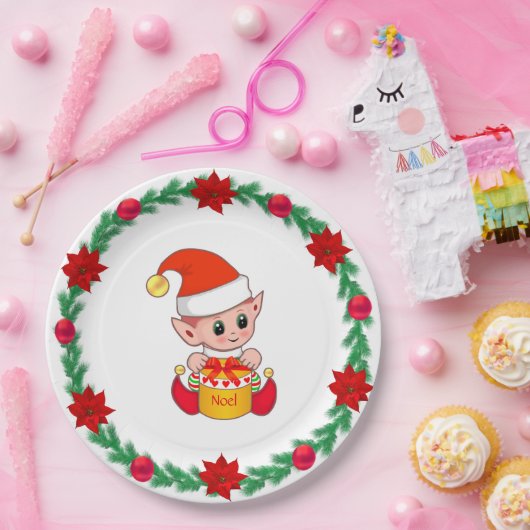 Kerstmis, grove pijnbomen, poinsettias en ballen P Papieren Bordje (Feest)