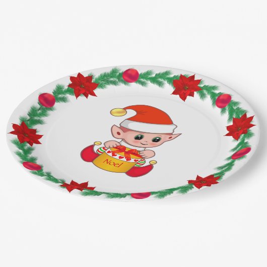 Kerstmis, grove pijnbomen, poinsettias en ballen P Papieren Bordje (Gekanteld)