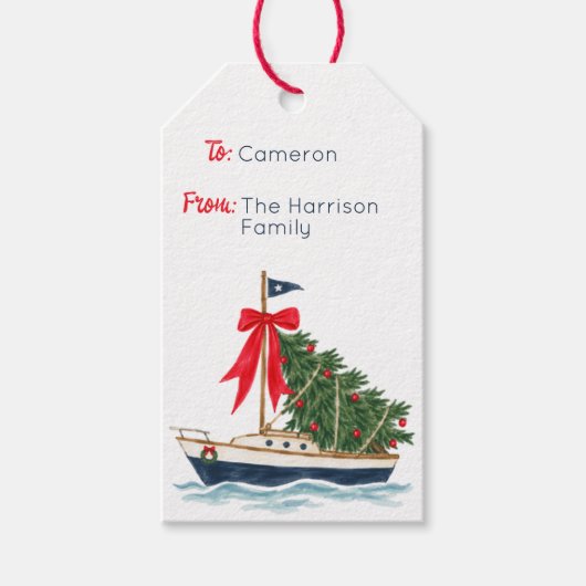 Kerstmis Hamptons Zeilboot Cadeaulabel (Voorkant)