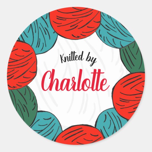 Kerstmis hand gebreide rode & groene wollen ballen ronde sticker (Voorkant)