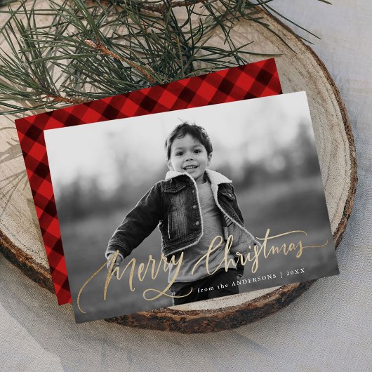 Kerstmis Handgeschreven Gouden Script Foto Feestdagenkaart