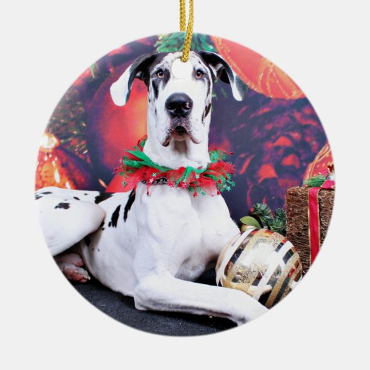 Kerstmis - Harlequin Great Dane - Baron Keramisch Ornament (Voorkant)