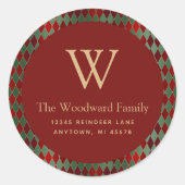 Kerstmis Harlequin Pattern Red Green Gold Adres Ronde Sticker (Voorkant)