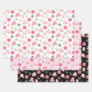 Kerstmis Heet Cacao en Roze Poinsettia's Inpakpapier Vel