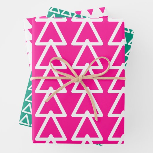 Kerstmis Heet Roze en Groene Driehoek Patroon Inpakpapier Vel (In situ)