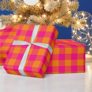 Kerstmis heet roze en hel oranje Buffalo Check Cadeaupapier
