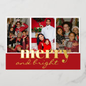 Kerstmis & Helder Drie Foto Rood en Goud Folie Feestdagenkaart (Voorkant)