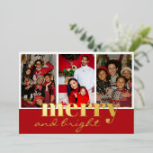Kerstmis & Helder Drie Foto Rood en Goud Folie Feestdagenkaart (Staand Voorkant)