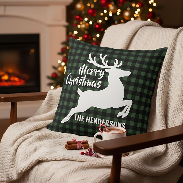 Kerstmis Hert Groen & Zwart Geruit Naam Kussen (Creator heeft geüpload)