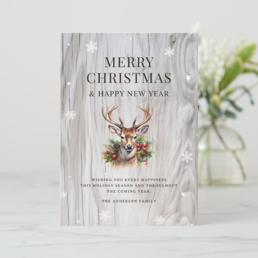Kerstmis Hert Hulst Rustiek Hout Sneeuwvlok Feestdagenkaart (Staand voorkant)