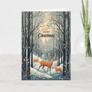 Kerstmis Hert Vintage Gouache Stijl Winter Feestdagen Kaart
