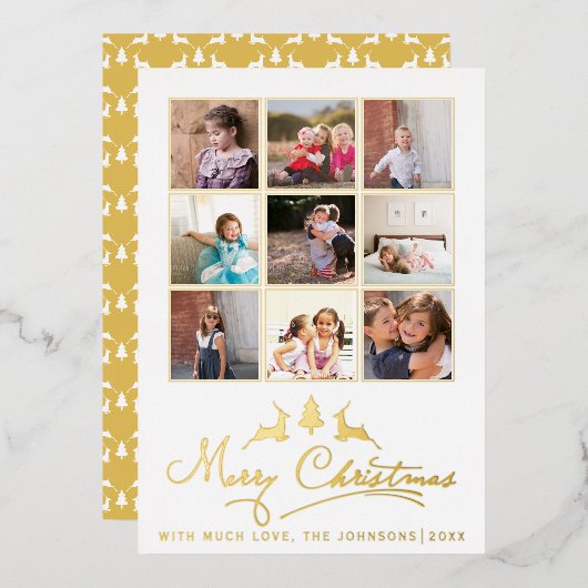 Kerstmis herten en boom fotocollage goud folie feestdagenkaart (Voorkant / Achterkant)