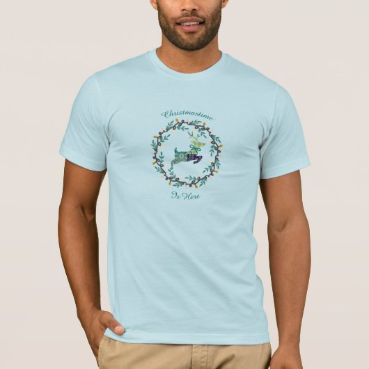 Kerstmis herten met krans Teal heren T-shirt (Voorkant)