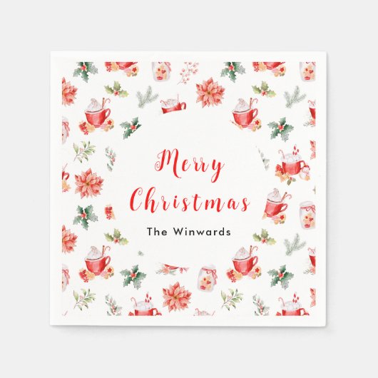 Kerstmis Hete Cacao en Rode Poinsettias Servet (Voorkant)