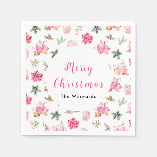 Kerstmis Hete Cacao en Roze Poinsettias Servet (Voorkant)