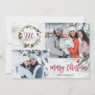 Kerstmis Holly 2 FOTOS Collage Bark Holiday Card Feestdagenkaart