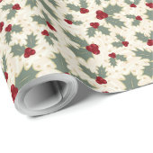 Kerstmis - Holly Berries en Leaves Cadeaupapier (Rol Hoek)