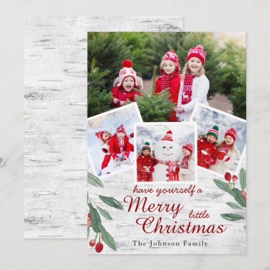 Kerstmis Holly Berry Birch Bark 4 PHOTO Greep Feestdagenkaart (Voorkant / Achterkant)