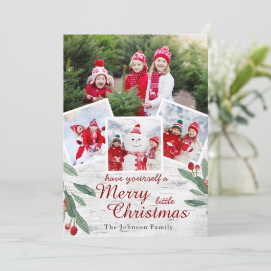 Kerstmis Holly Berry Birch Bark 4 PHOTO Greep Feestdagenkaart (Staand voorkant)