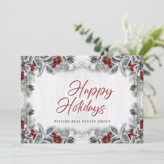Kerstmis Holly Berry Corporate Rustic Greeting Feestdagenkaart (Staand voorkant)