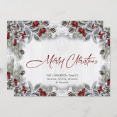 Kerstmis Holly Berry Pine Rustic Wood Greeting Feestdagenkaart (Voorkant / Achterkant)