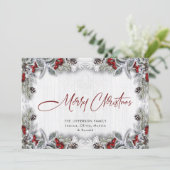 Kerstmis Holly Berry Pine Rustic Wood Greeting Feestdagenkaart (Staand voorkant)