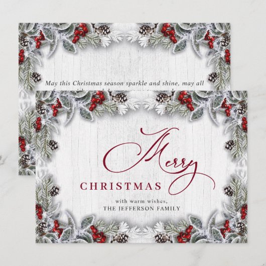 Kerstmis Holly Berry Pine Rustic Wood Greeting Feestdagenkaart (Voorkant / Achterkant)