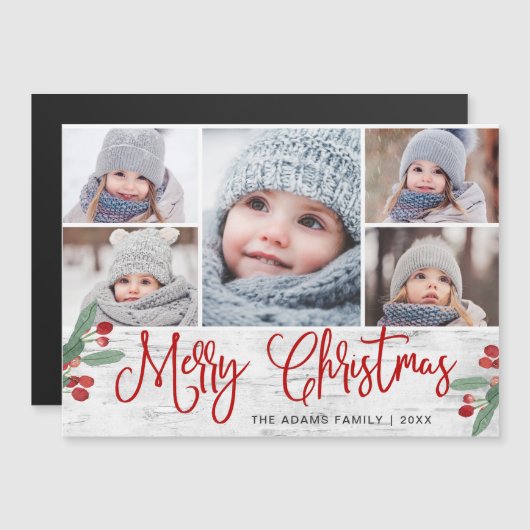 Kerstmis Holly Berry Rustic 5 FOTO Magnetic Card (Voorkant / Achterkant)
