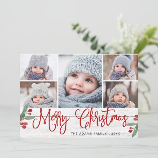 Kerstmis Holly Berry Rustic 5 PHOTO Greep Feestdagenkaart (Staand voorkant)