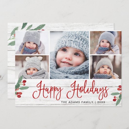 Kerstmis Holly Berry Rustic 5 PHOTO Greep Feestdagenkaart (Voorkant / Achterkant)
