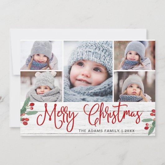 Kerstmis Holly Berry Rustic 5 PHOTO Wenskaart Feestdagenkaart (Voorkant)
