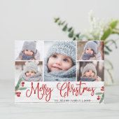 Kerstmis Holly Berry Rustic 5 PHOTO Wenskaart Feestdagenkaart (Staand voorkant)