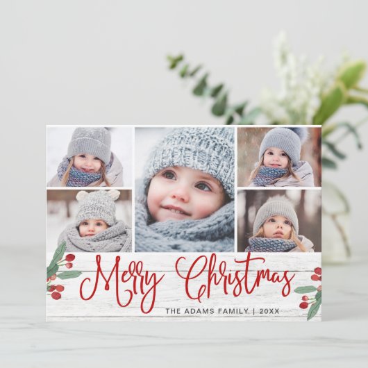 Kerstmis Holly Berry Rustic 5 PHOTO Wenskaart Feestdagenkaart (Staand voorkant)