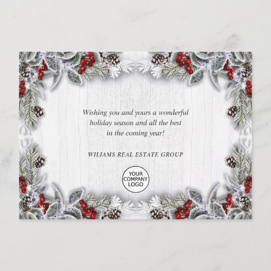 Kerstmis Holly Berry Rustic Corporate Greeting Feestdagenkaart (Achterkant)