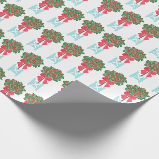 Kerstmis Holly Berry Topiary Robin's Egg Blue Cadeaupapier (Hoek)