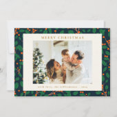 Kerstmis Holly Botanical Greenery Two Photo Navy Feestdagenkaart (Voorkant)