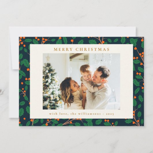 Kerstmis Holly Botanical Greenery Two Photo Navy Feestdagenkaart (Voorkant)