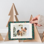 Kerstmis Holly Botanical Greenery Two Photo Navy Feestdagenkaart