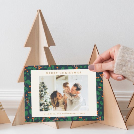 Kerstmis Holly Botanical Greenery Two Photo Navy Feestdagenkaart