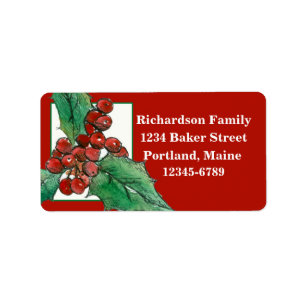 Kerstmis Holly Botanische Tekening Vakantie Rood Etiket