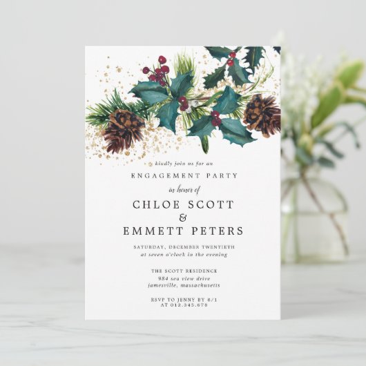Kerstmis Holly en Berries Engagement Party Kaart (Staand voorkant)