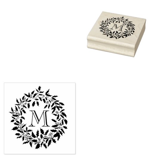 Kerstmis Holly en bessen krans Familie Monogram Rubberstempel (Gestempeld)