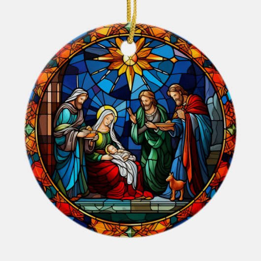 Kerstmis Holly Familie gebrandschilderd glas stijl Keramisch Ornament (Voorkant)