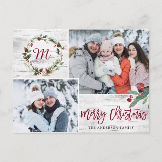 Kerstmis Holly FOTO Berken Bark Vakantie Groet Briefkaart (Voorkant)