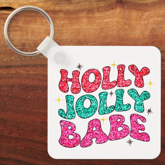 Kerstmis Holly Jolly Babe Modern Glitter Script Sleutelhanger (Voorkant)