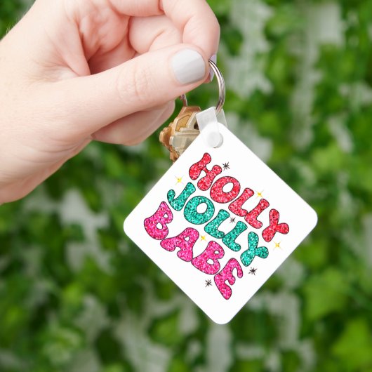 Kerstmis Holly Jolly Babe Modern Glitter Script Sleutelhanger (Hand)