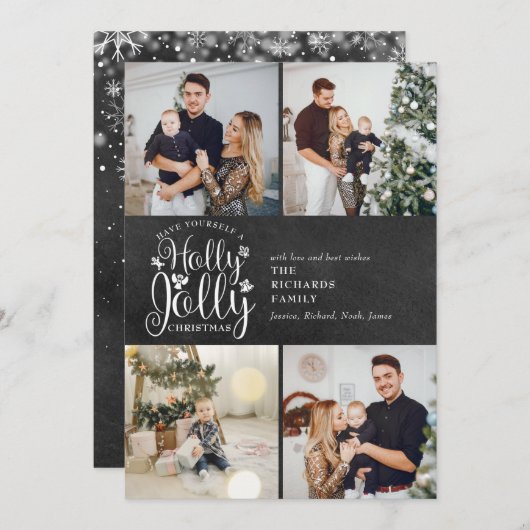 Kerstmis Holly Jolly Chalkboard 4 Fotocollage Feestdagenkaart (Voorkant / Achterkant)