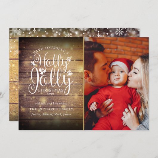 Kerstmis Holly Jolly Script rustieke hout foto Feestdagenkaart (Voorkant / Achterkant)