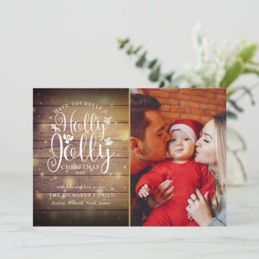 Kerstmis Holly Jolly Script rustieke hout foto Feestdagenkaart (Staand voorkant)