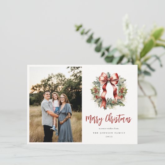 Kerstmis Holly krans foto Feestdagenkaart (Staand voorkant)